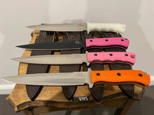 Load image into Gallery viewer, Knife, Pink G10 non slip handle with leather sheath. BACK IN STOCK!
